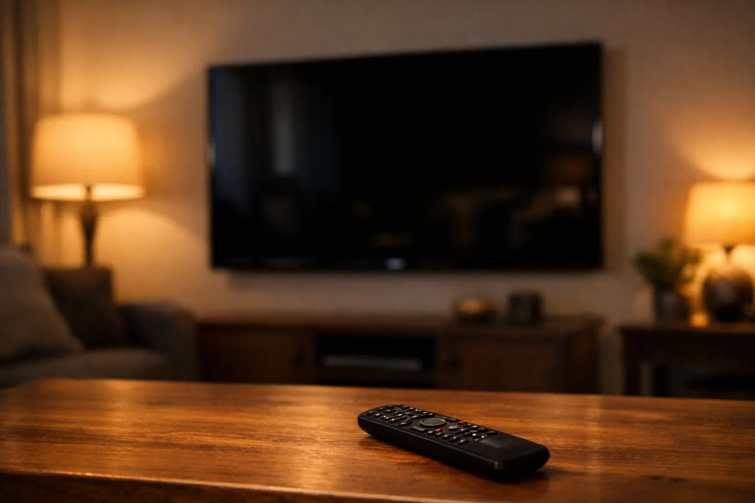 A television showing a black screen in a dim living room, remote control on the table