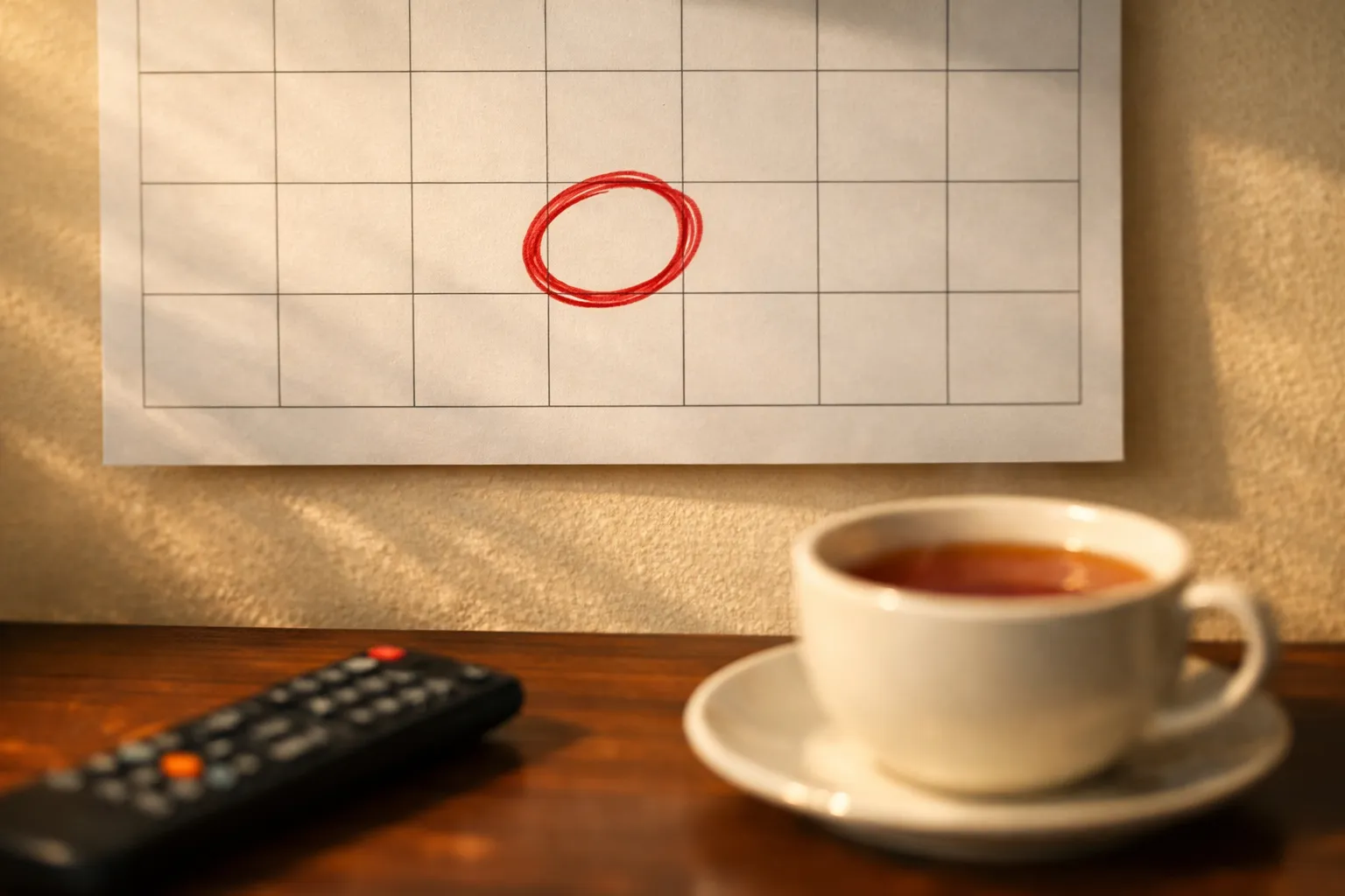 A paper wall calendar with one date circled beside a TV remote on a sideboard