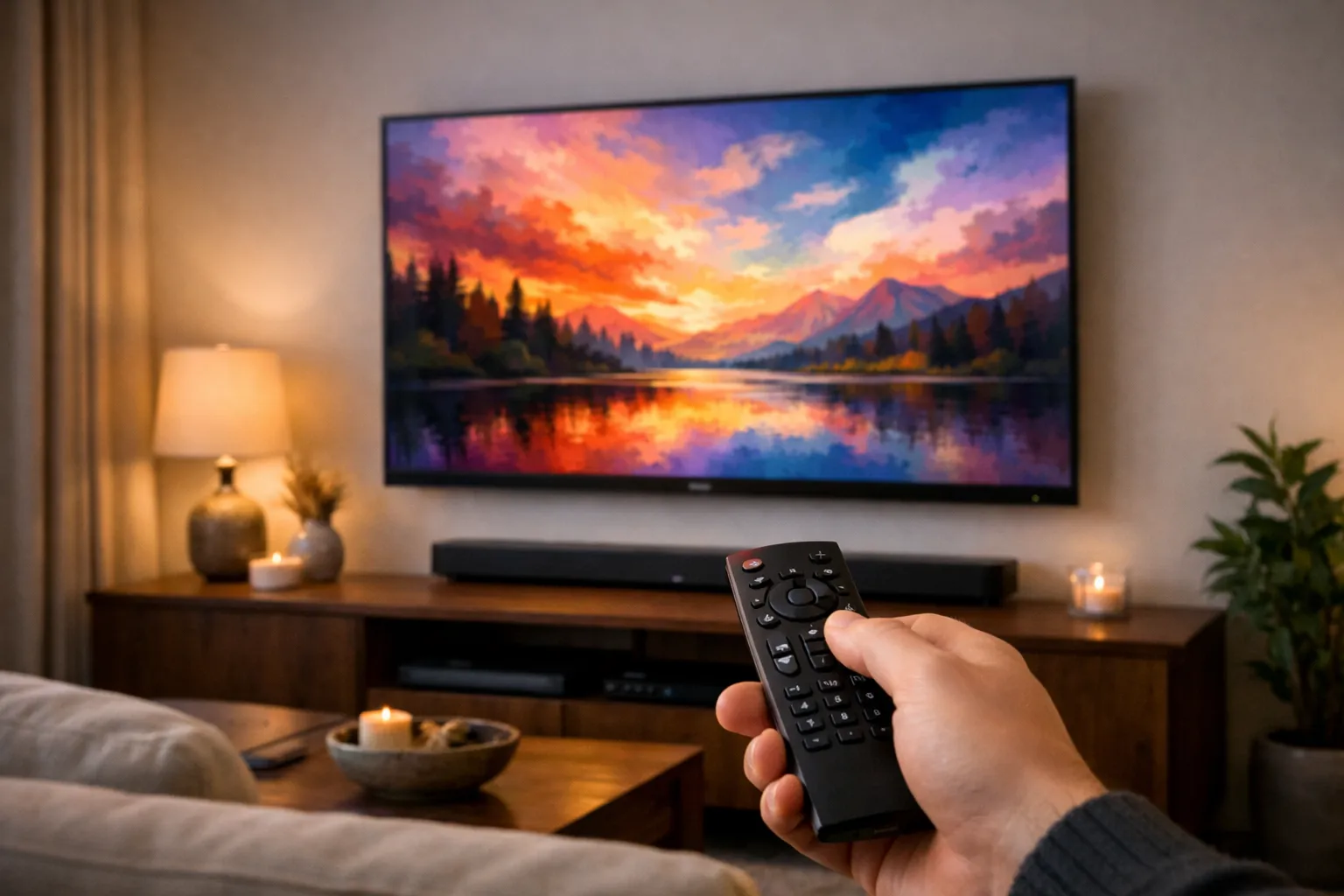 A soundbar beneath a television in a living room, a hand holding a remote in the foreground