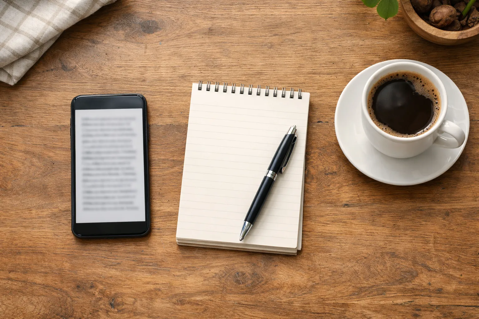 A smartphone showing a long document on a kitchen table beside a cup of coffee and a notepad